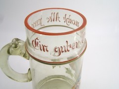 BEAUTIFUL GLASS ENAMELED BEER STEIN MUG WITH FIGURE 19TH CENTURY