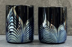 2 STEVEN CORREIA BLACK IRIDESCENT PULLED FEATHER DOUBLE OLD FASHIONED GLASSES