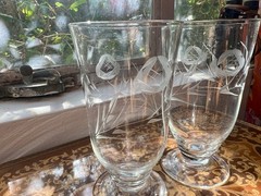 Vintage Etched Rose Footed Tumblers Pair Floral Wheel Etched Blown Glass