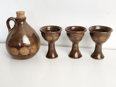Studio Art Pottery Wine Goblet Chalice Pedestal Jug Vtg MCM Brown Artist Signed