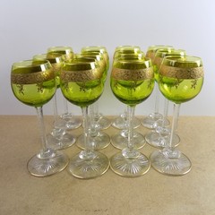 12 St. Louis Crystal Wine Hock Goblets Chartreuse Green Gold Floral Band VGC