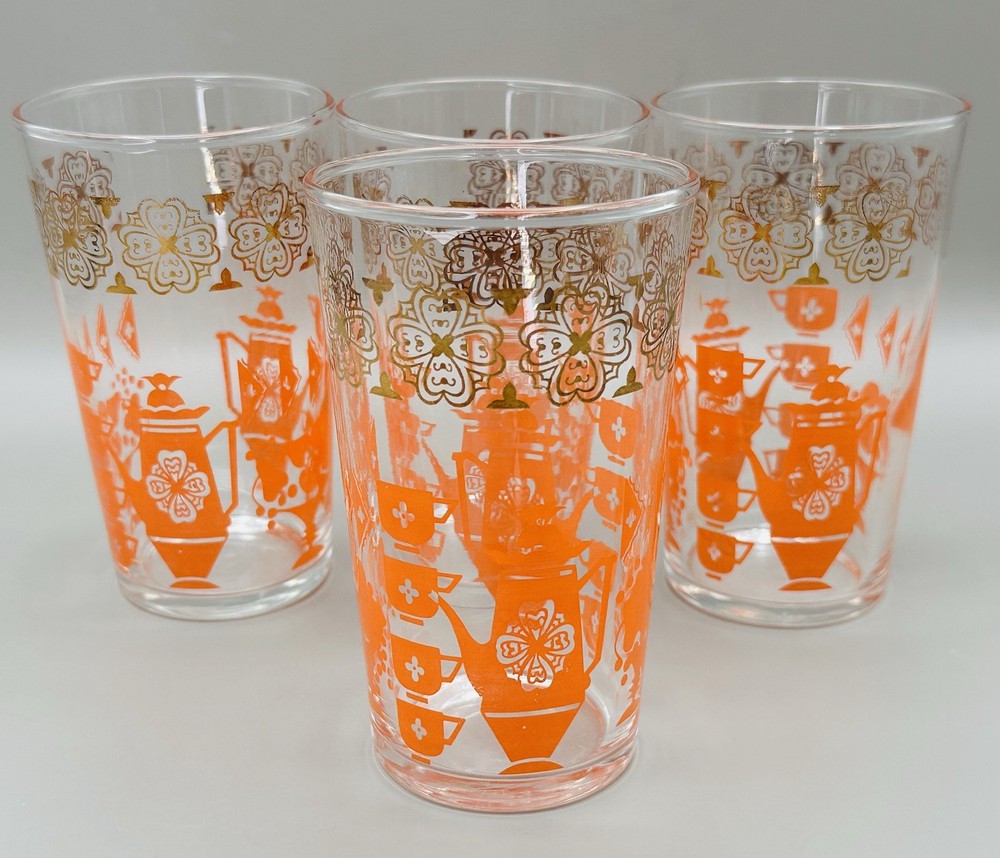 Federal Glass 5″ Tall-10 oz Tumblers Decorated W/Orange Teapots W/ Gold USA