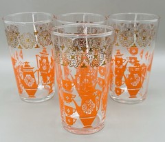 Federal Glass 5″ Tall-10 oz Tumblers Decorated W/Orange Teapots W/ Gold USA