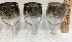 Wine Glasses Goblets Glass Black Ombre Clear Etched Floral w/ Storage Caddy Vtg