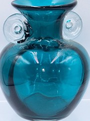 Teal Green Art Glass Vase Applied Clear Handles Hand Blown 5″ Tall