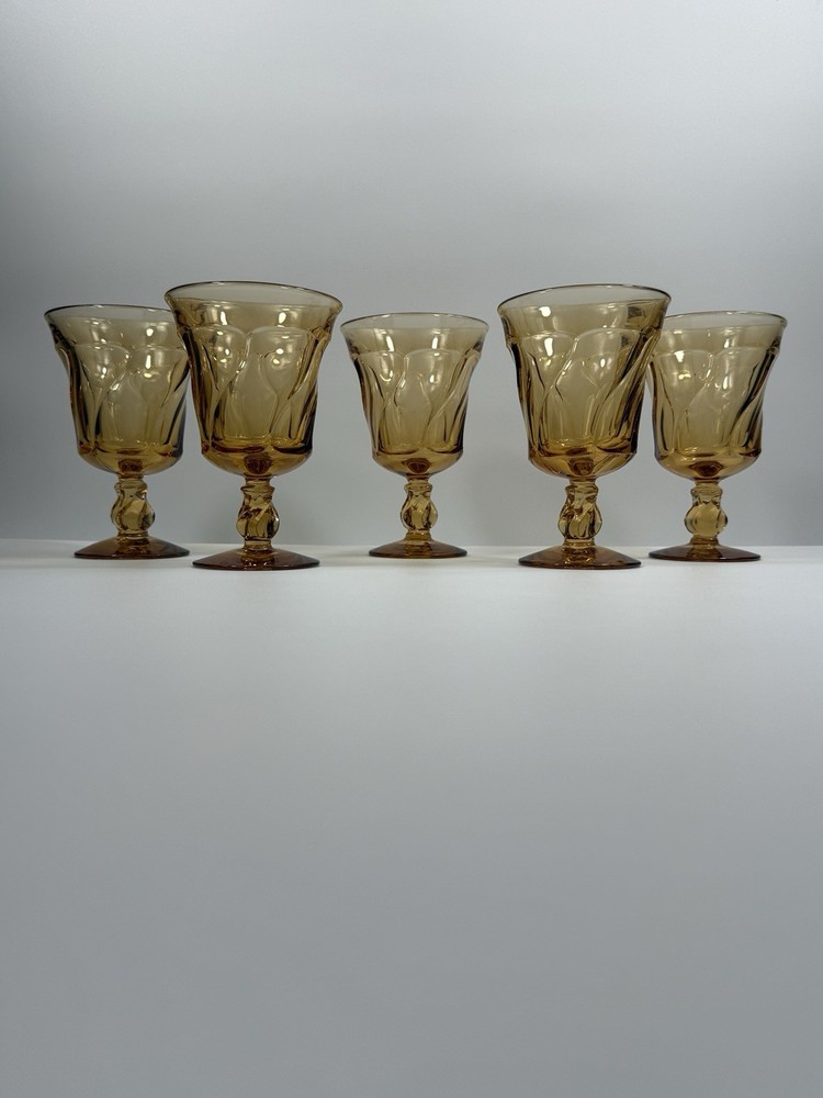 Vintage Fostoria Jamestown Amber 10 Oz Water Goblets Swirl Stem Set of 5