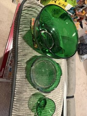 Vintage Green Glass Nine-Piece Drinkware Set Cups Bowl Ashtray Round Glossy