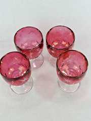 VTG MCM Bartlett Collins Etched Atomic Starburst Red Thumbprint Goblets Set Of 4