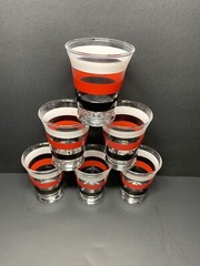 Fiesta Bands 4 Oz. Juice Glasses By Anchor Hocking, Red, White, Black Set Of 6
