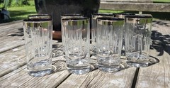 Set 8 MCM Cut Glass Bareware Tumblers Silver Rim Etched cut Og BOX VTG