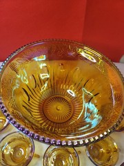 Vintage Indiana Iridescent Carnival Glass Marigold Punch Bowl Set 12 Grape Cups