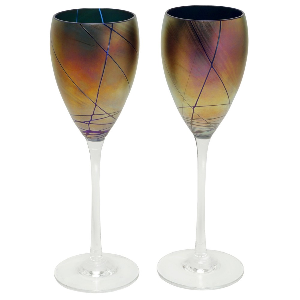 2 STEVEN MASLACH Wine Glasses Hand Crafted Art Glass Gold IRIDESCENT 6 oz