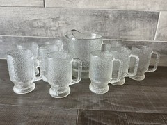 vintage Clear pitcher (1) and (9) glassware With Handles set 10 Pcs