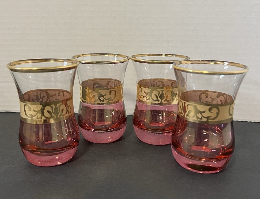 4 Vintage Turkish Tea Glasses Pasabahce Cranberry & Gold Scroll Accents 3”