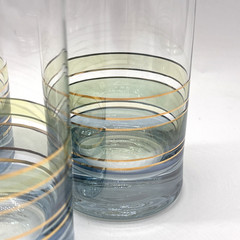Vintage Light Blue Base Gold & Green Banded Tumbler Set of 3 Glasses Striped EUC