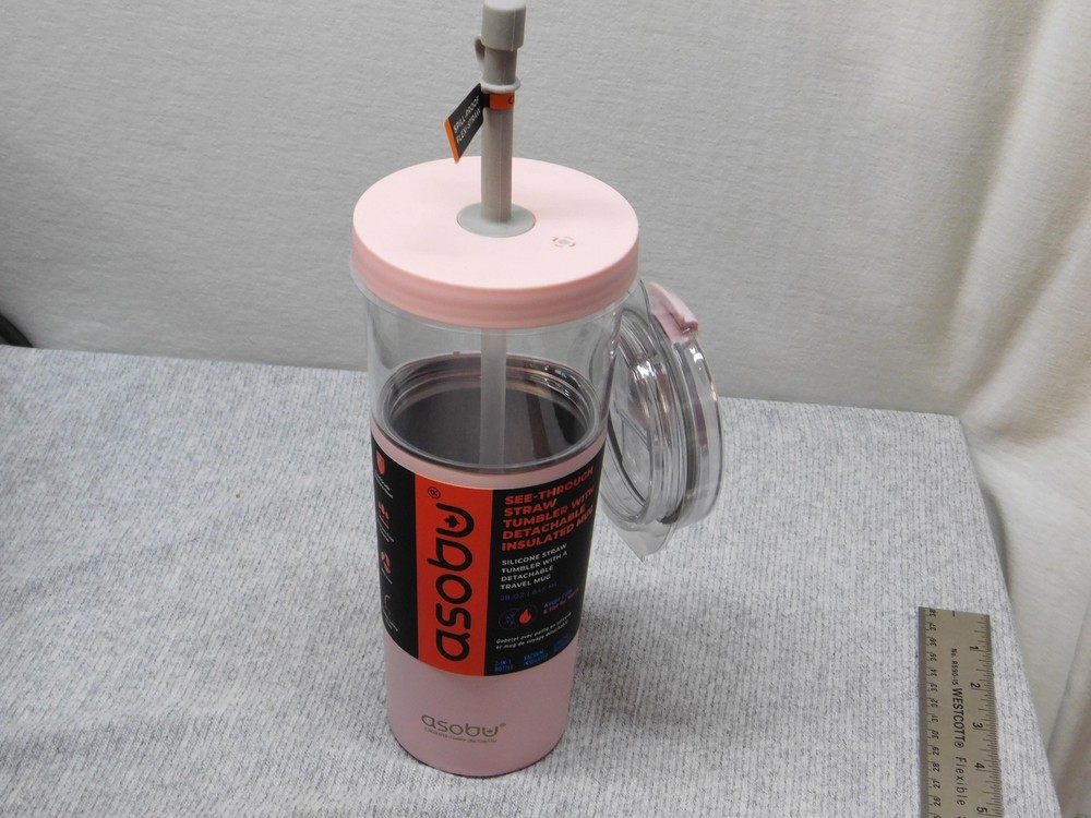 Asobu 28 Oz Pink See-Through Straw Tumbler Insulated Spill-Proof ICT400 With Lid