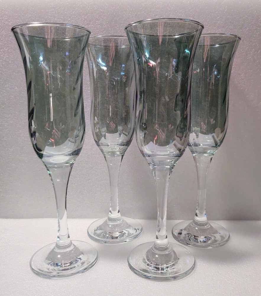 Iridescent Green Blue Turquoise Swirl Art Glass Champagne Flutes Set of 4