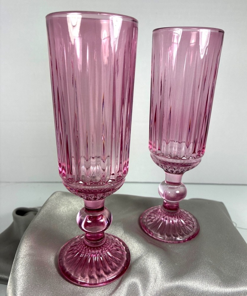Vintage Pink Champagne Flutes Set of 2 Ribbed Glass Toasting Glasses Romantic