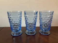 Vtg Ice Blue Cubist 6″ Footed Tumblers, Indiana Glass Whitehall Colony, Set of 3