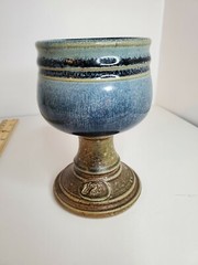Handmade Art Pottery Stoneware Goblet Chalice Wine Glass with Mark blue brown
