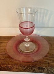 Steuben-Carder Era Colorless & Gold Ruby Threaded Optic Rib Goblet & Plate #6360