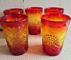 Vtg Imperial Glass Amberina Grape Pattern Tumbler Red Orange Yellow Glasse Set