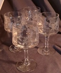 Tiffin Clear Panel Optic (4) Grey Cut Floral Wine Glass w/ Cut Facet Stem
