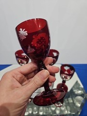 (5) WINE glasses Goblets 5″, bohemian Ruby red flashed & engraved cut to clear