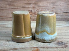 Pair of Vintage Frankoma Pottery Guernsey Juice Cups Desert Gold Shot Glass