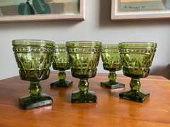 MCM Indiana Glass Colony Park Lane Avocado Green 5 Wine Goblets Square Foot 4½»