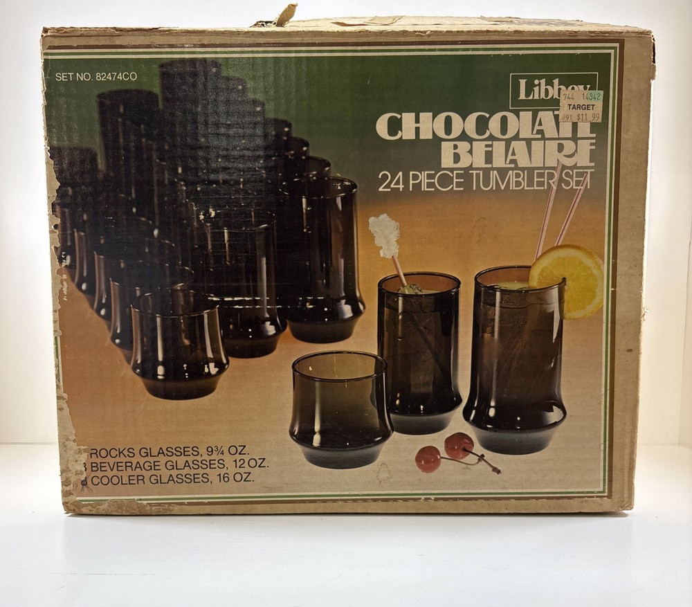 SET OF 21 LIBBEY CHOCOLATE BROWN BELAIRE BEVERAGE GLASS TUMBLER VINTAGE MCM