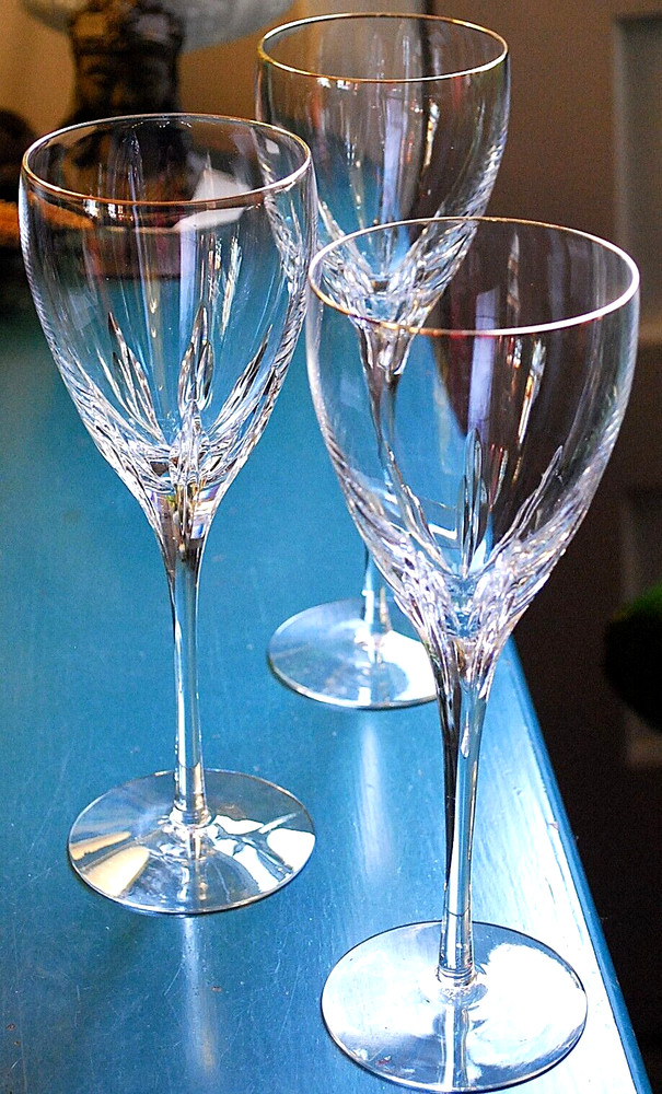 Set 3 FIRELIGHT CLEAR/ GOLD RIM LENOX CRYSTAL Hand Blown Wine Glasses/Goblets
