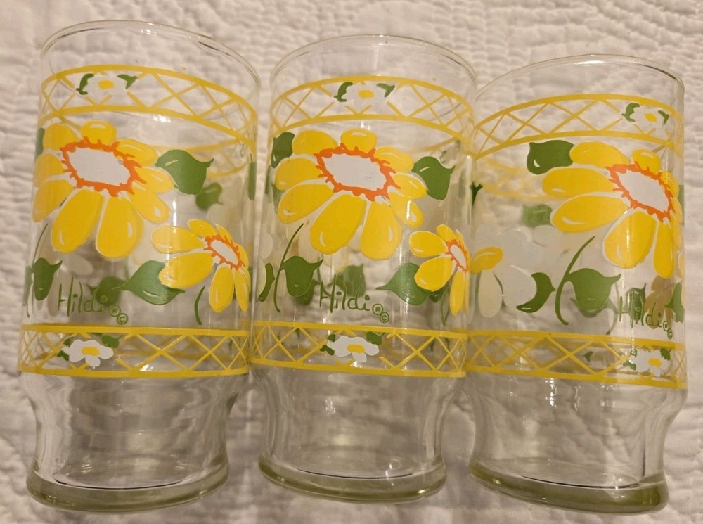 Vintage Anchor Hocking HILDI Glasses 3 Yellow Daisy Tumblers Retro Boho 70’s- 6″