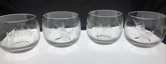 4-ROLY POLY GLASSES W ETCHEDFLYING GEESE & CATTAILS