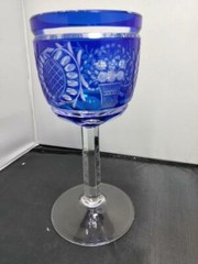 COBALT to CLEAR Cut Wineglass Flower Basket Design and Etched Clear Stem 7″