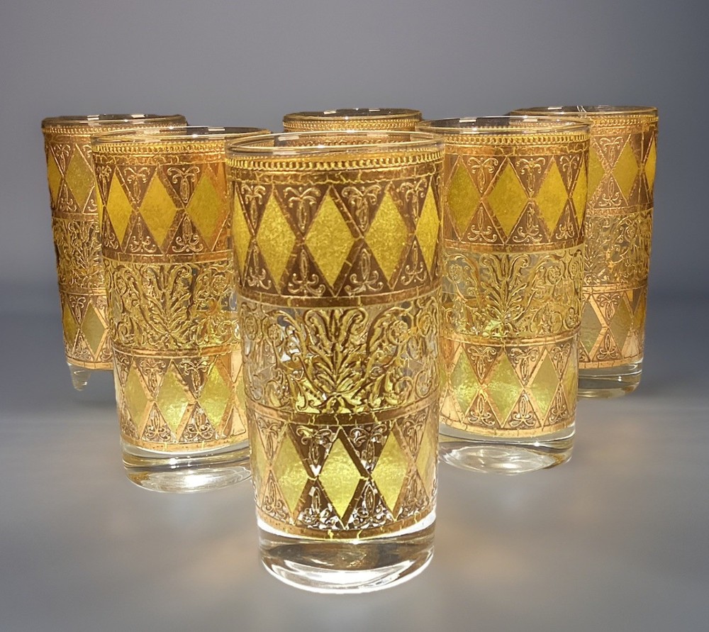 6 Rainer highball glasses WV Glass Co 22kt Gold Gilt MCM 1960s Hollywood Regency