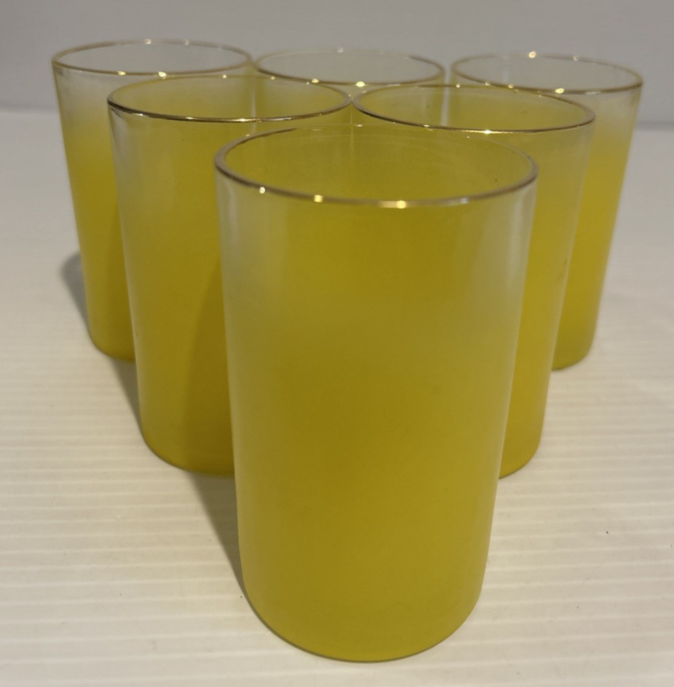 Set 6 MCM Blendo SUNNY Yellow JUICE GLASSES Gold Rim Vintage Frosted 3 3/4″