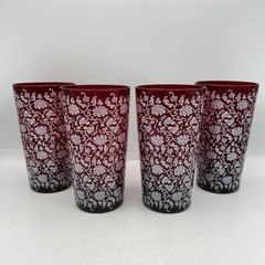 4 Ruby Red Juice Water Glasses with Enameled Flowers and Leaf Design 5.25” VTG