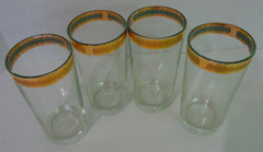 Vtg Set of 4 Drinking Glasses Tumbler Clear with Gold Trim On Top Edge 5.5″ Tall