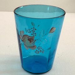 Antique Teal Aqua Art Glass Tumbler Enamel Decor c1900 4″