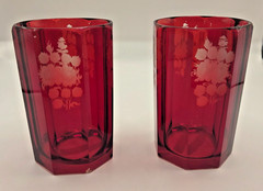 Antique Bohemian Ruby Red Faceted Glass Tumblers Pair Engraved Floral 1800s