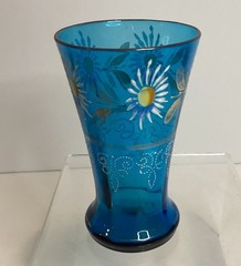 Victorian Era Pressed Glass Peacock Blue Reverse Panel Handpainted Water Tumbler