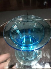 Flared Bowl CANDY DISH & LID 6″ Turquoise Aqua Blue Peacock Glass vtg UV Glow