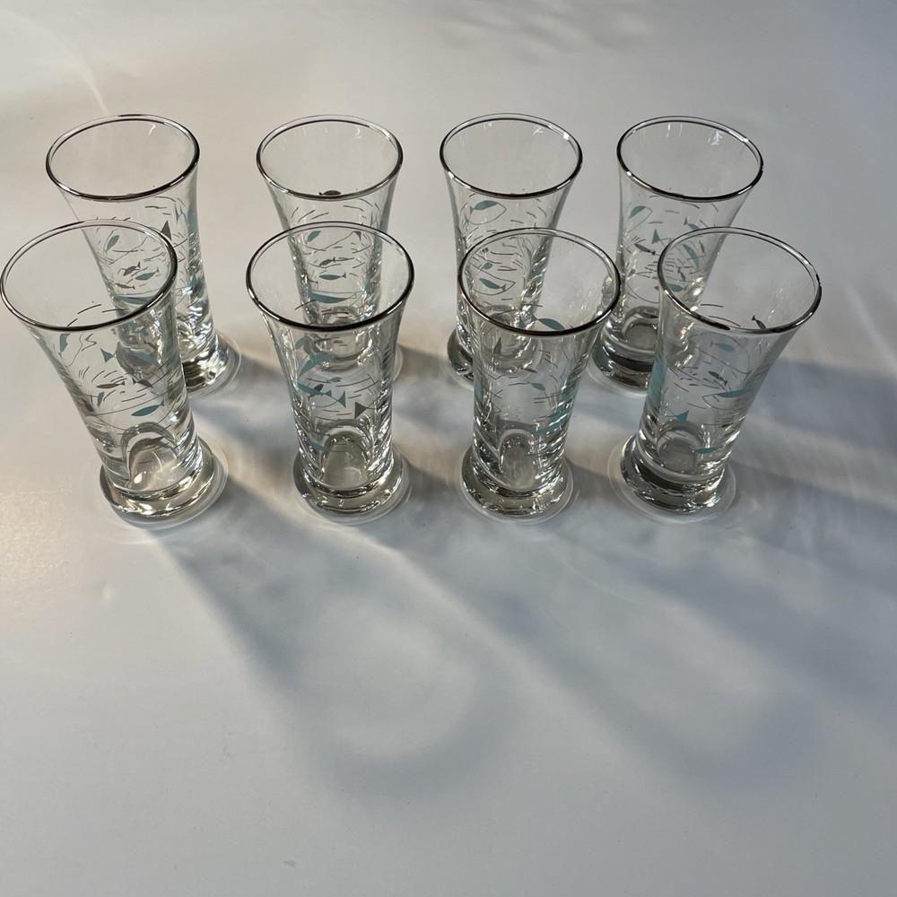 (8)Vintage Libbey Mid Century Modern MCM 4.5″ Aqua Atomic Fish Tumbler Glass