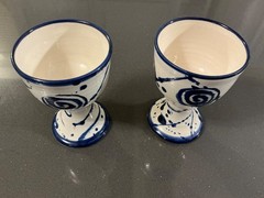 MUD WORKS IRISH MADE Set of 2 Off White & Blue Pottery Goblets- 4 & 3/4” High