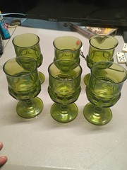 Vintage 70’s Indiana Glass King’s Crown Thumbprint Green Water Goblets Set Of 6