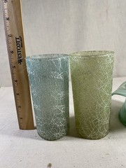 Hand Blown Crackle Glass Tumblers & Art Glass Hat Dish Green Aqua Set of 3#005