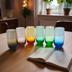 Vintage Set of 6 Multicolored Glass Tumblers 5″ Green Blue Amber Smoky Amethyst