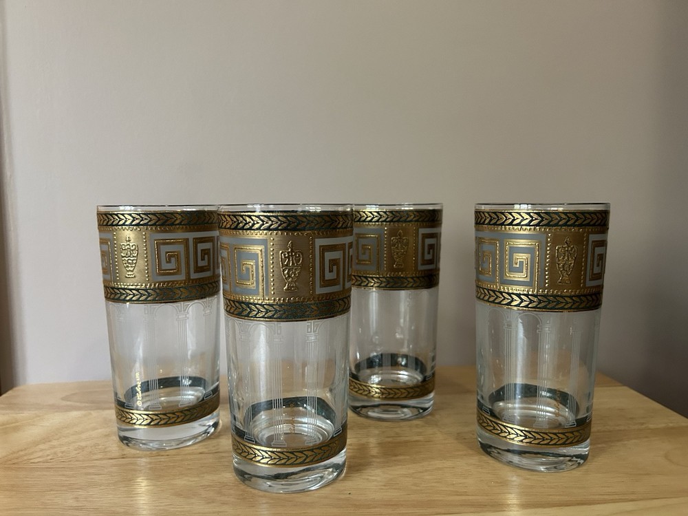 Set Of 4 CULVER Greek Highball Glasses Green 22k Gold MCM Cocktail Signed