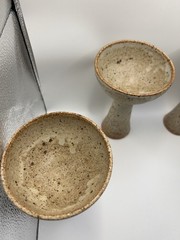 Studio Pottery Goblets Speckled Pedestal Cups Stoneware Signed Set 4 Hand-thrown